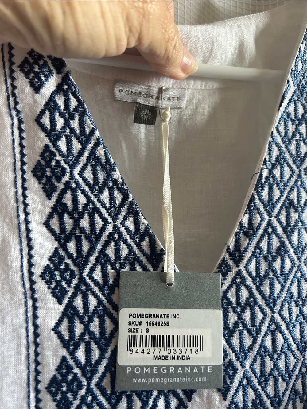 Pomegranate Inc. White Tunic with Navy Blue Embroidery